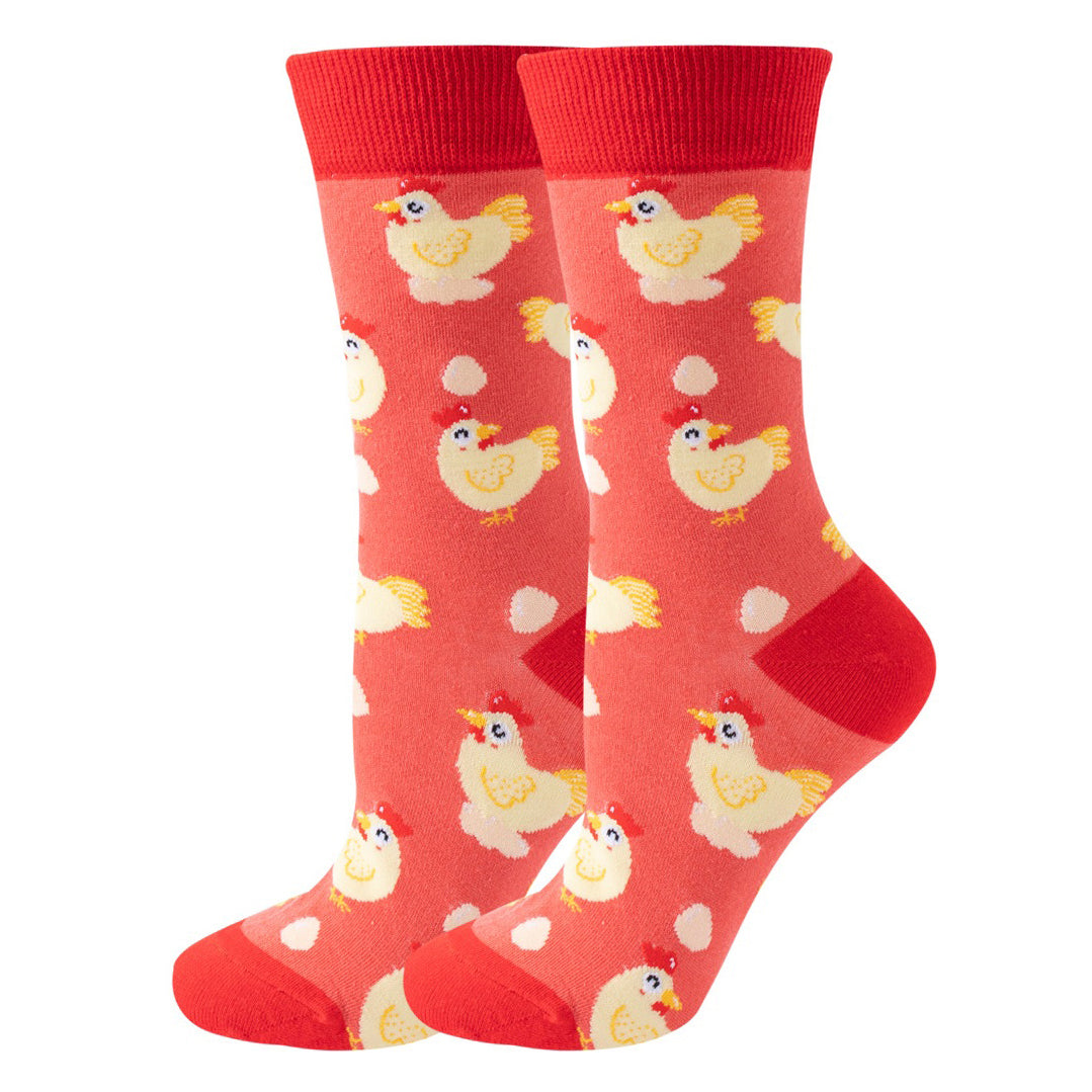 Paire de chaussettes rouge clair avec des petites poules kawaii