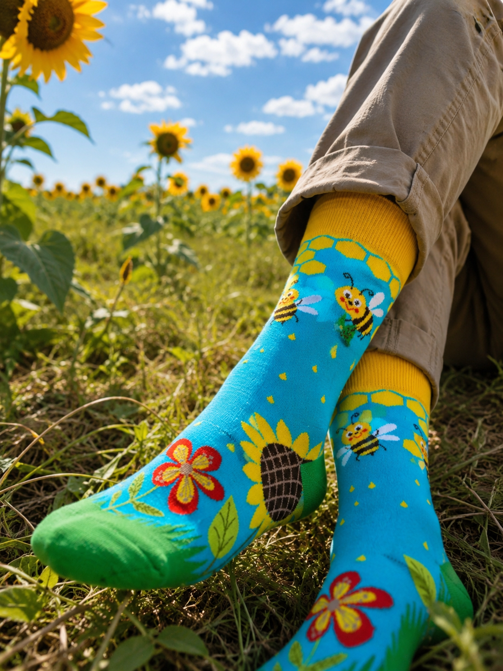 Chaussettes abeille tournesol détail motif coloré
