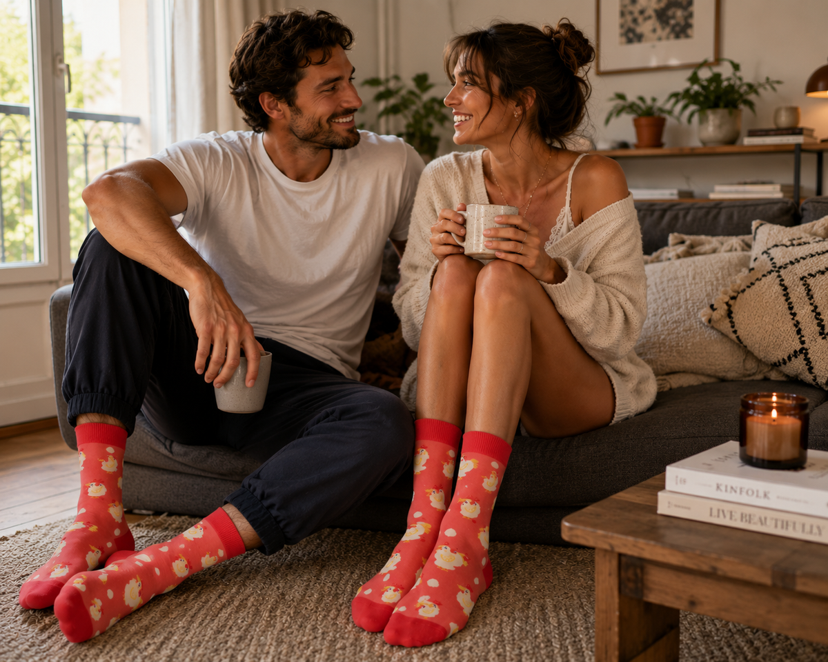 Paire de chaussettes rouge clair avec des petites poules kawaii