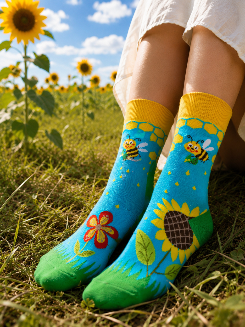 Chaussettes jaune motif abeilles kawaii et tournesols
