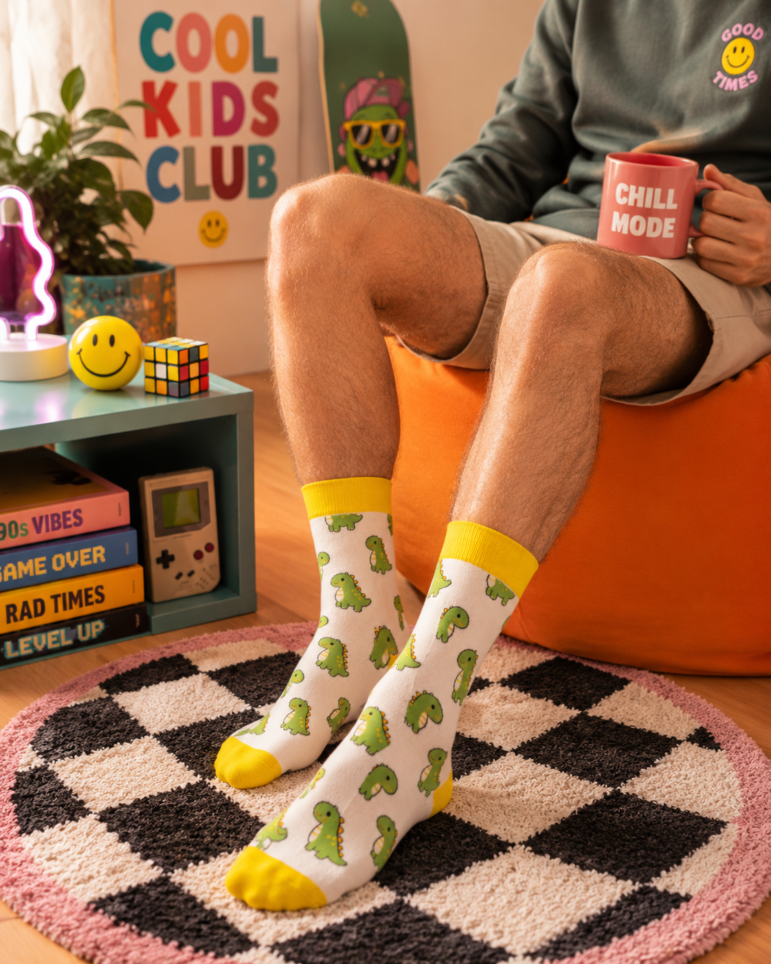 Chaussettes fantaisies avec des petits dinosaures verts. Fun et kawaii